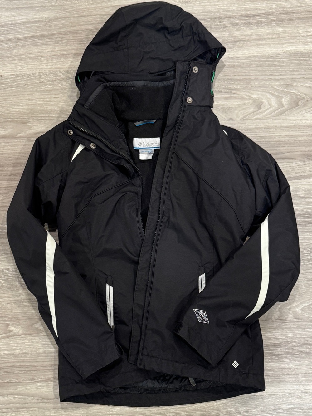 Columbia Black Hooded Ski Jacket with White Accent Stripes